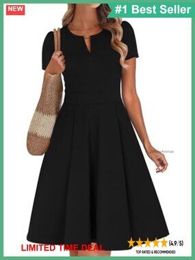 Womens Summer V Neck Knee Length A Line Fit Flare Work Dress with Pockets